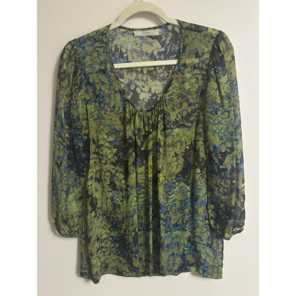 Cluny 100% Silk Sheer Blouse 3/4 Sleeve Vivid Leaf Print Green Blue Medium 8